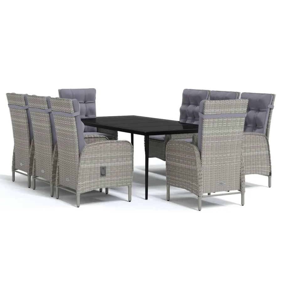 vidaXL 9-teilige Garten-Essgruppe aus PE-Rattan und pulverbeschichtetem Stahl mit Glasplatte in Grau und Schwarz - Bild 2