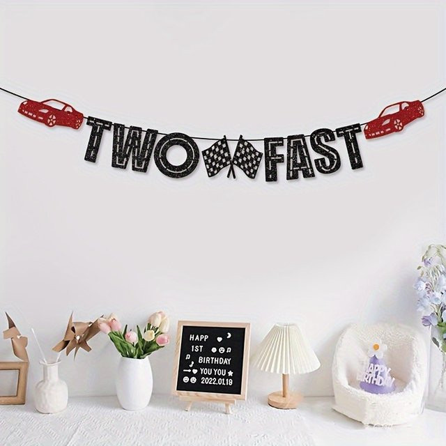 OURFETE Two Fast Banner Wimpelkette zum 2. Geburtstag, schwarze Glitzer-Partydekoration mit roten Rennwagen und karierten Flaggen im Rennsport-Thema - Bild 1