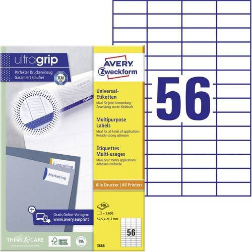 Avery Zweckform Universal-Etiketten 3668, Weiß, Papier, 100 Stück, Breite: 5,25 cm, Höhe: 2,12 cm - Bild 1
