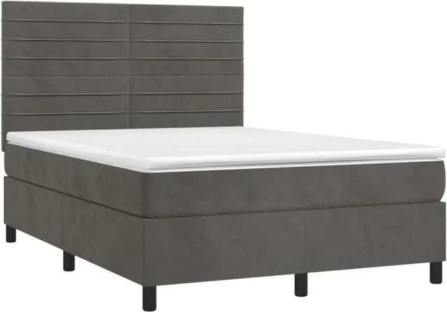 vidaXL Boxspringbett mit Matratze in Dunkelgrau, Hybridbett mit LED-Unterbettbeleuchtung und USB-Ladeport, Samt, B/T: 140 x 190 cm - Bild 1