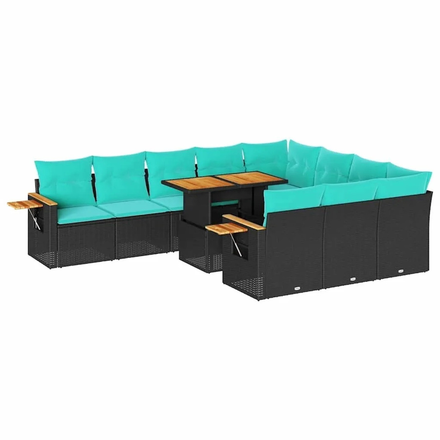vidaXL 11-teilige Garten-Sofagarnitur in L-Form aus Poly-Rattan und Akazienholz mit Kissen, Schwarz - Bild 2