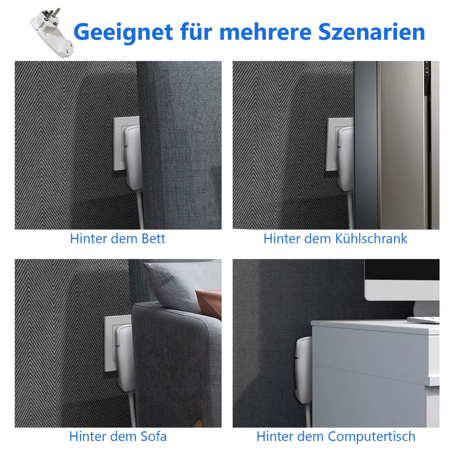 HITRENDS EU-Schuko-Stecker-Adapter Set mit flachem Winkelstecker und Klappgriff, 4 Stück, Weiß - Bild 3