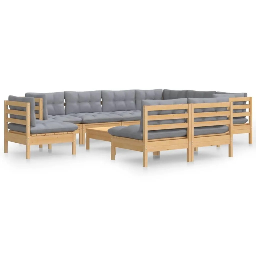 vidaXL 10-teiliges Garten-Lounge-Set aus massivem Kiefernholz in Braun-Grau mit grauen Polstern und Kissen in U-Form - Bild 2