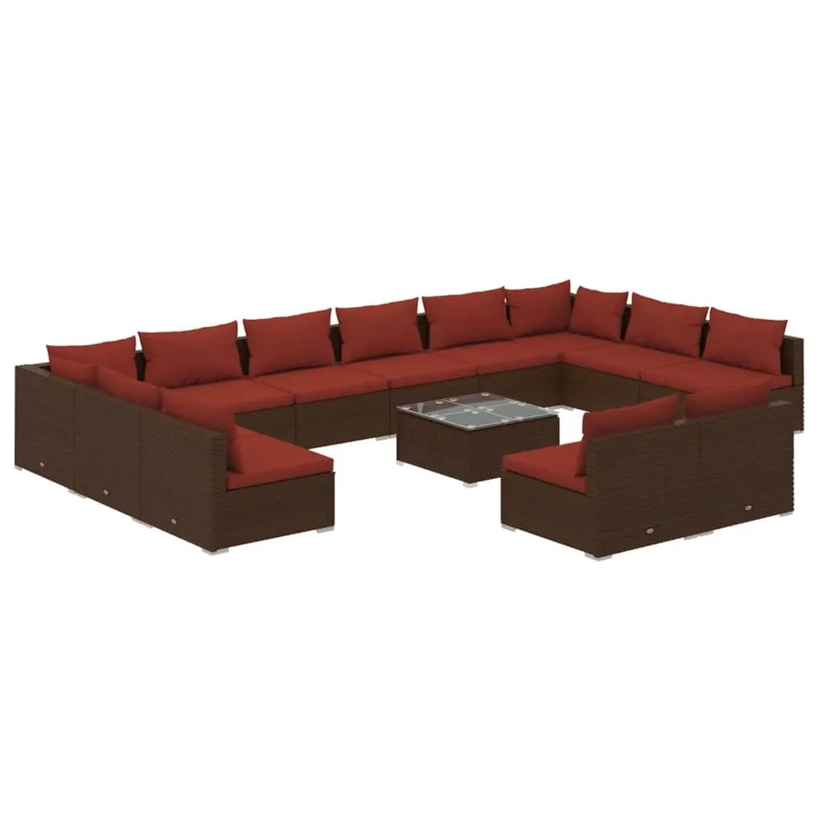 vidaXL 13-tlg. Garten-Lounge-Set in L-Form aus Poly-Rattan mit Kissen in Braun und Rot - Bild 2