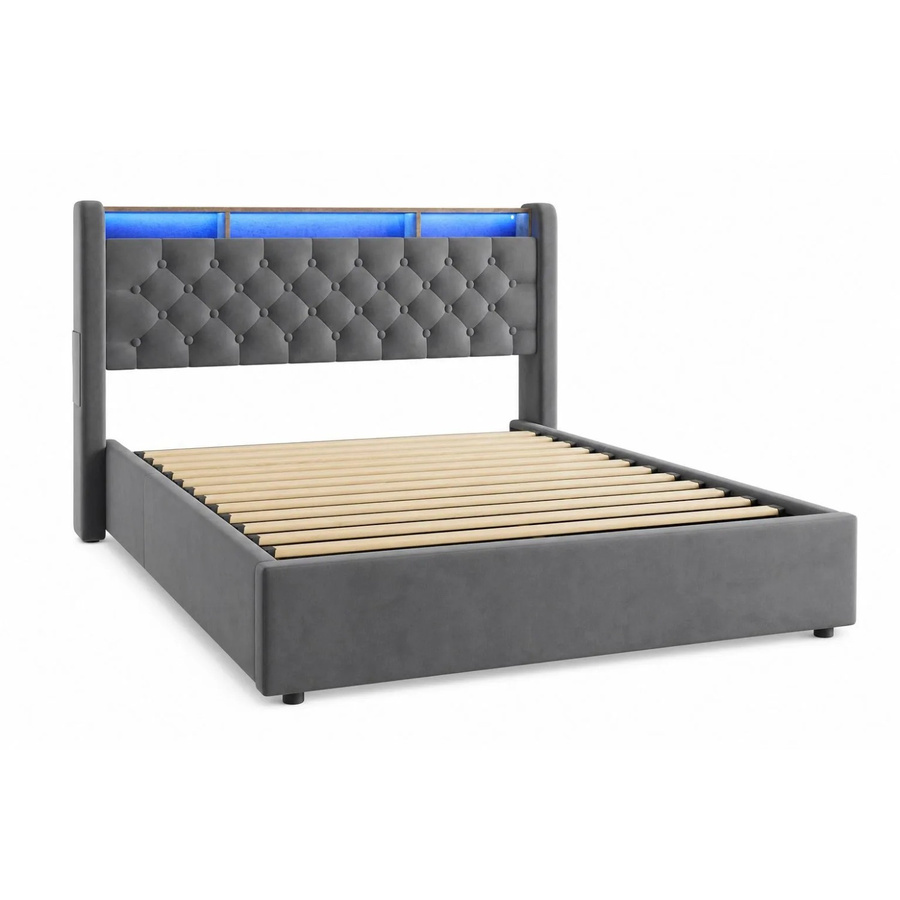 okwish Polsterbett mit LED-Beleuchtung und Bettablage in Grau, B/T/H: 140 x 190 cm - Bild 2