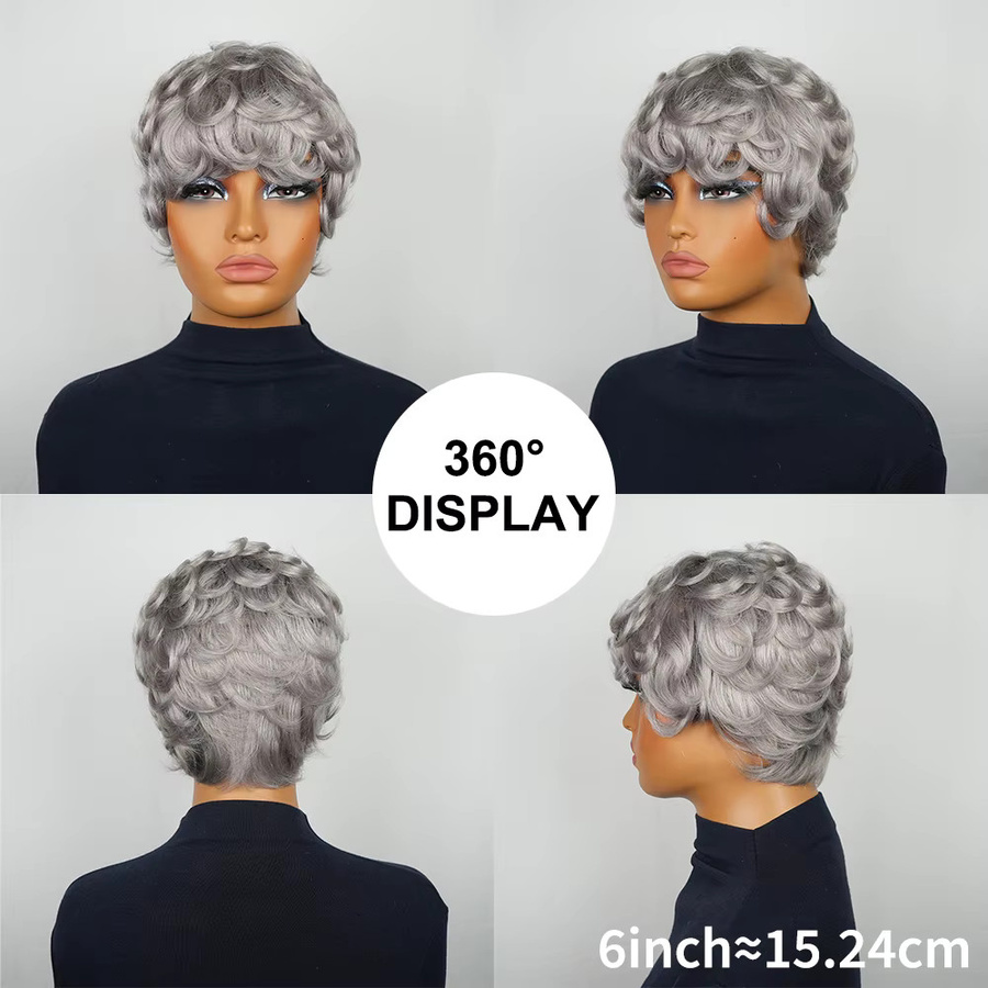 OYM HAIR Perücke, kurze Pixie-Perücke mit Pony, 100 % Echthaar, Grau - Bild 5