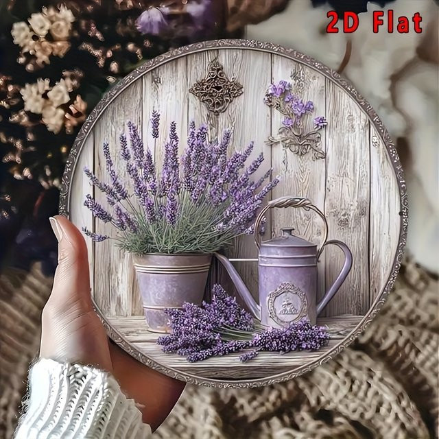 Potdemiel Rundes Aluminium-Wandkunstschild im Vintage-Stil mit Lavendel-Blumenmotiv, Farbe: Lila, Durchmesser: 20 cm - Bild 1