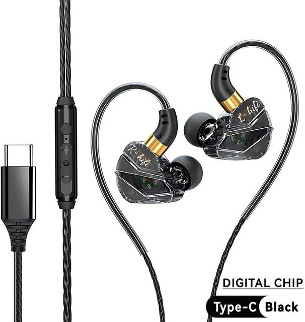 VAORLO In-Ear Headset mit Mikrofon, Digitale Chip Kabelgebundene Kopfhörer mit 3,5 mm AUX und USB-C, 9D HIFI Schwerer Bass, Schwarz - Bild 1