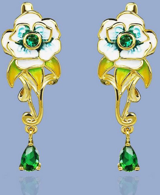 YIRAN Ohrringe, Blume, Emaille, Kupfer, Smaragd, Zirkonia, Weiß - Bild 1