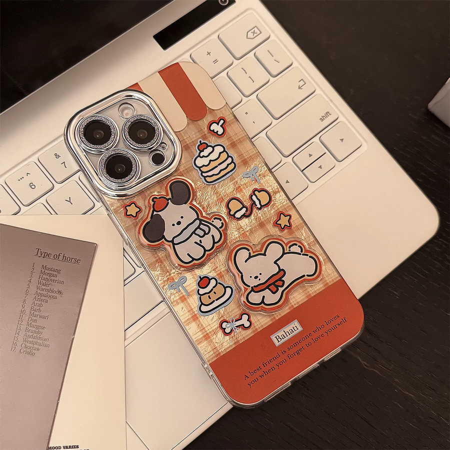 Koreanische Cartoon-Welpen-Handyhülle mit Karomuster und Kette für iPhone, stoßfeste Hartschale, multicolour - Bild 2