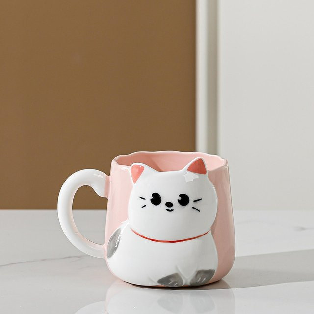 Handbemalte Keramiktasse mit Reliefkatze von Yiran Furniture, grau, 450 ml - Bild 1