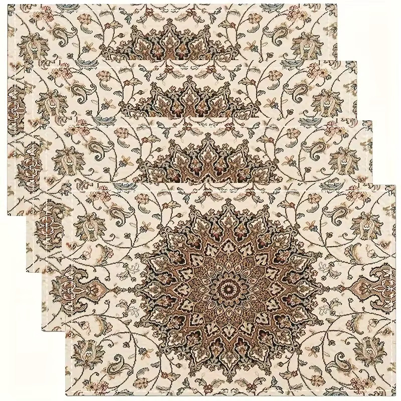 VIKAMA 4-teiliges Tischset-Set aus Leinen in Beige mit floralem Vintage-Muster, rechteckig und wasserabweisend - Bild 3