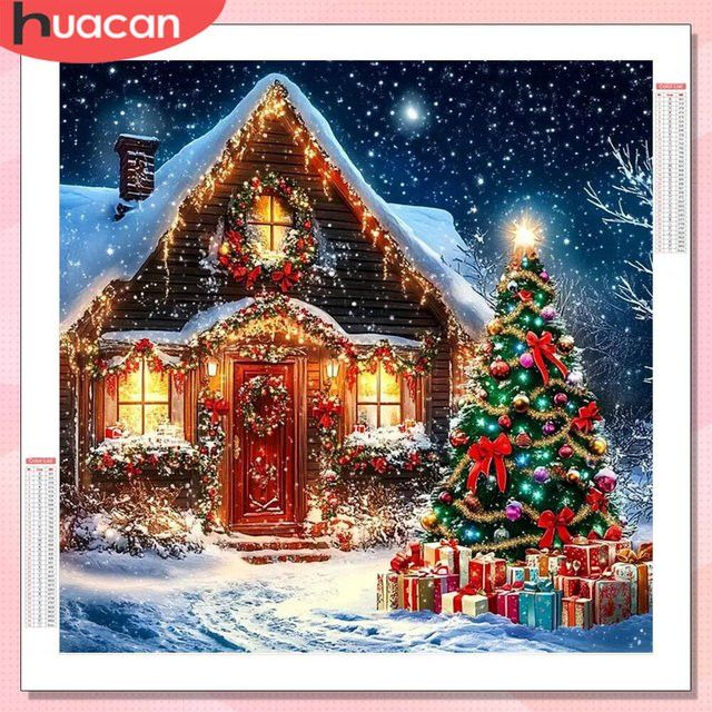 HUACAN Diamant-Malerei Hauslandschaft mit Baum als Weihnachts-Mosaik-Dekoration in Multicolor mit quadratischen Bohrern - Bild 1