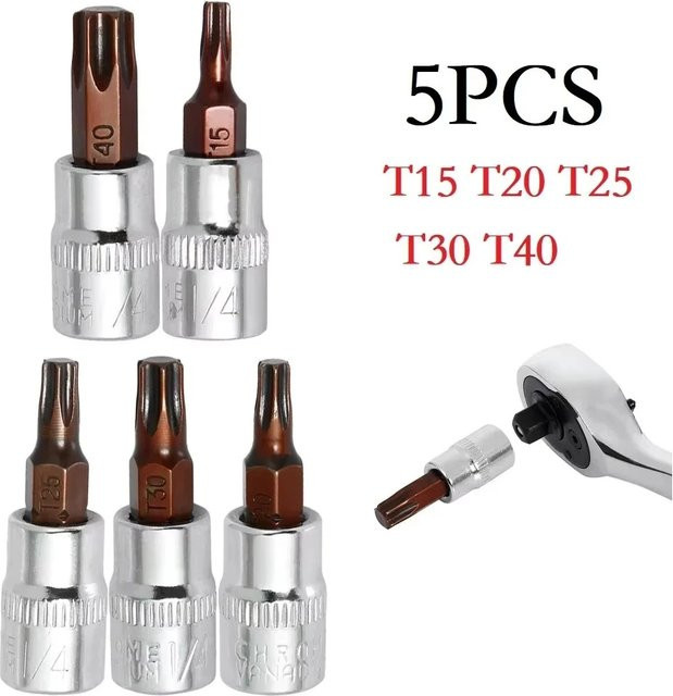 Rafford 5-teiliges Torx-Schraubendreher-Bit-Set mit 1/4 Zoll Antrieb, Innensechskant, Farben: Silber, Größen: T15, T20, T25, T30, T40 - Bild 1