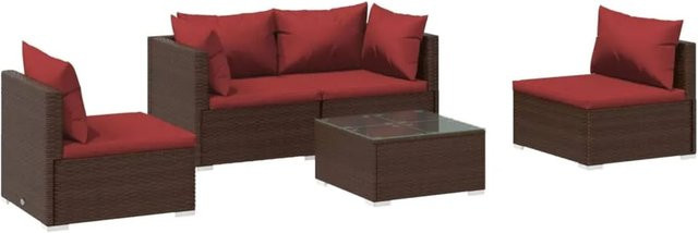vidaXL 5-tlg Garten-Lounge-Set in L-Form aus Poly Rattan mit Kissen in Braun und Rot - Bild 1