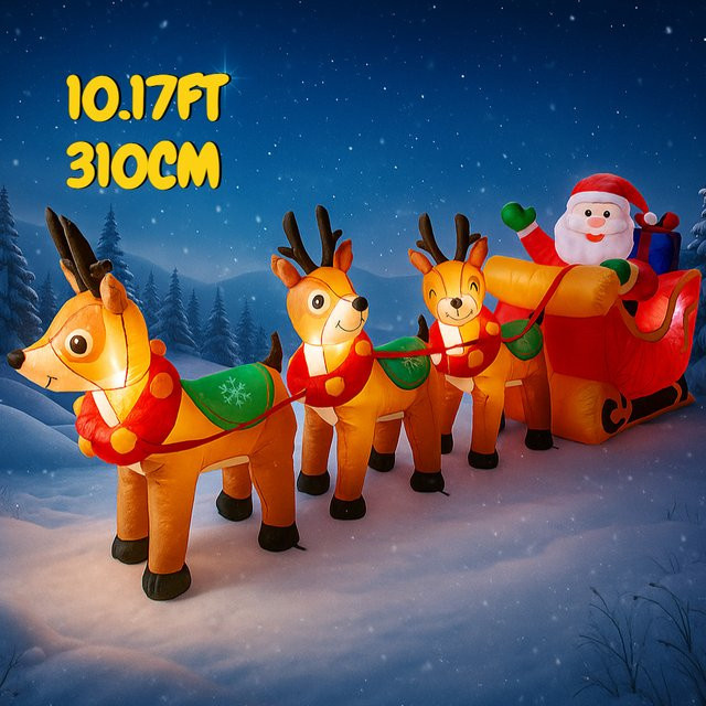 Aufblasbarer Weihnachtsschlitten mit Rentier und Santa Claus, LED-Beleuchtung, bunte Weihnachtsdekoration für den Garten und Hof - Bild 1