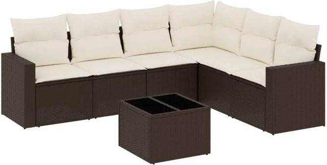 vidaXL 7-teilige Garten-Sitzgruppe in L-Form aus Polyrattan mit Kissen in Braun - Bild 1