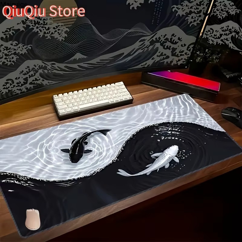 Potdemiel Japanische Schreibtischunterlage mit Koi-Fisch Motiv in Schwarz-Weiß, B/T: 80 x 30 cm - Bild 2
