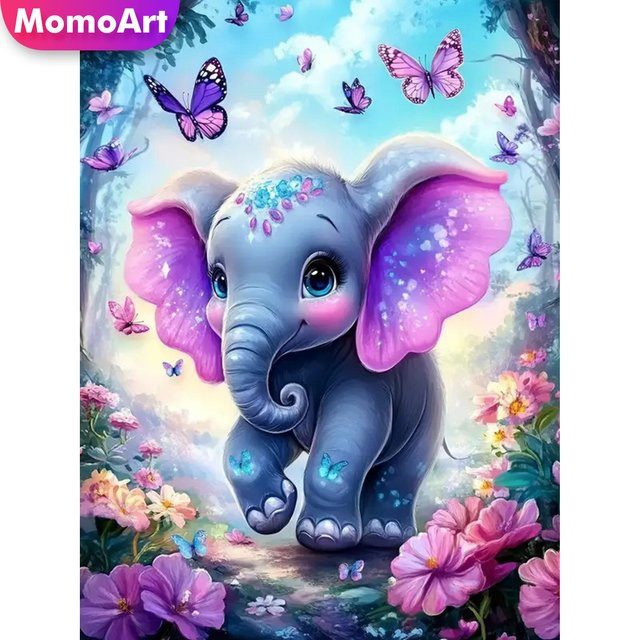 Momoart DIY Diamantmalerei Rund mit Elefant und Blumen als Wanddekoration, Multicolour, B/H: 30 x 20 cm - Bild 1