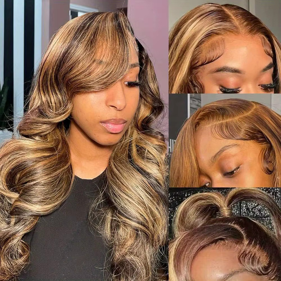 UVEOUS Echthaarperücke, Lace Front Perücke, Body Wave, P4/27 Highlight - Bild 4