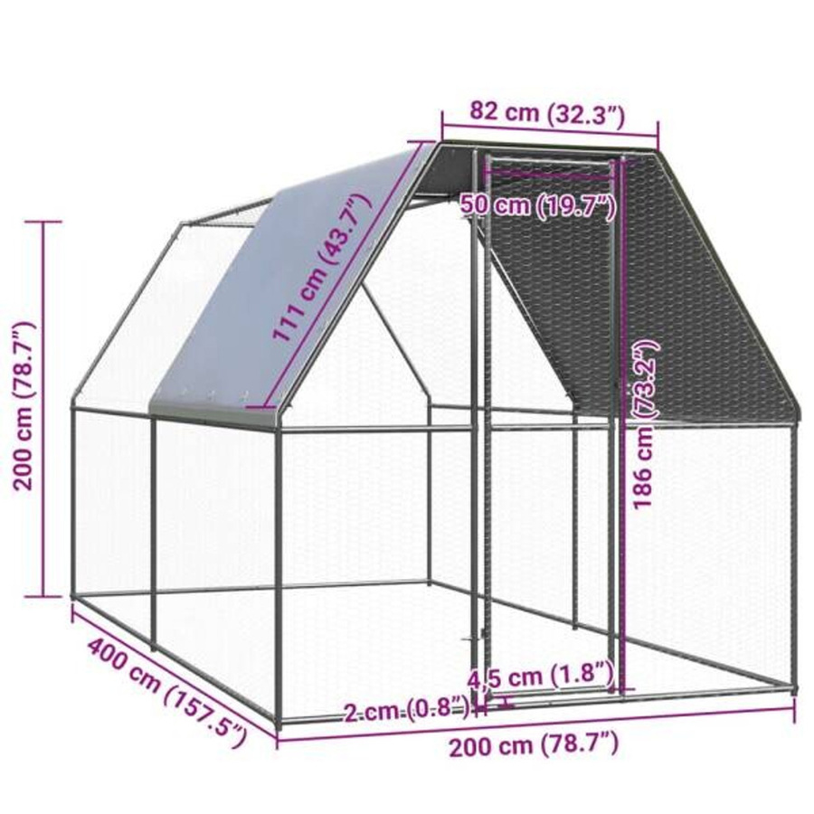 vidaXL Außenvoliere für Hühner aus verzinktem Stahl in Silber, B/T/H: 4 x 2 x 2 m - Bild 2