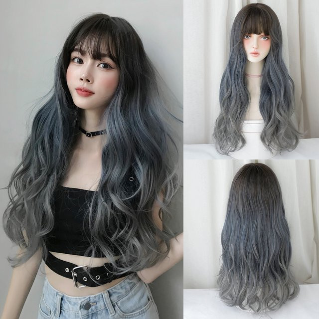 7JHH WIGS Perücke, Lange Wasserwellen, Grau-Ombre-Blau, Damen - Bild 1