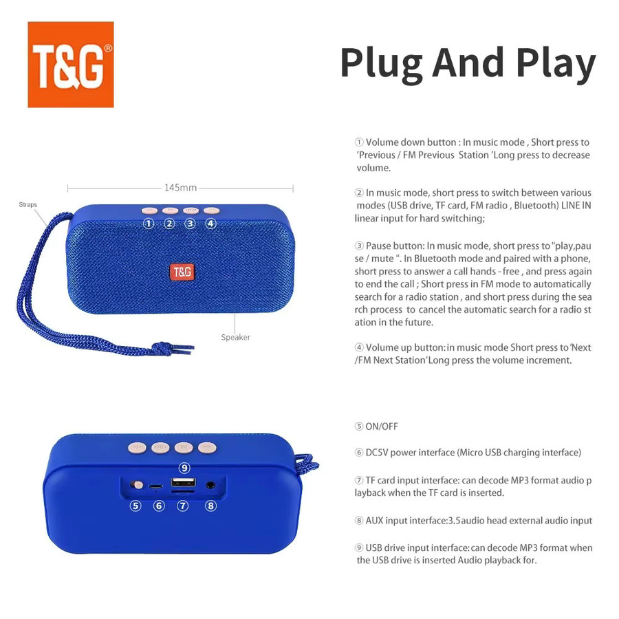 T&G Mini Bluetooth Lautsprecher mit FM Radio und USB Anschluss in Rot oder Blau - Bild 2