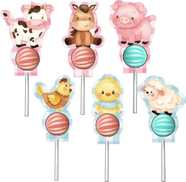 18er Set Tissy Bauernhof Tier Lutscher Karten aus Papier in Pink und Multicolour für Kindergeburtstage und Babypartys - Bild 1