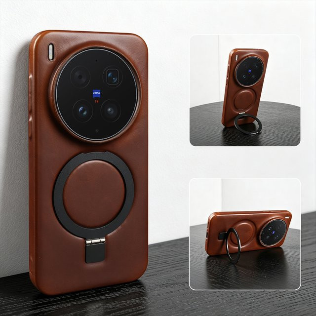 Magnetische Lederhülle für Vivo X300 Pro Ultra X200 FE S30 Pro mini X300S X200S X100S Pro mit Halterungsring in Braun - Bild 1
