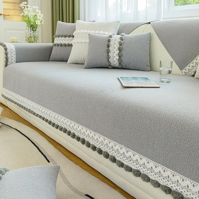 Einfarbiger Chenille-Sofabezug mit Quasten in Grau, weiche und verdickte Couch-Schutzmatte für dein Wohnzimmer, B/B: 70 x 70 cm - Bild 1