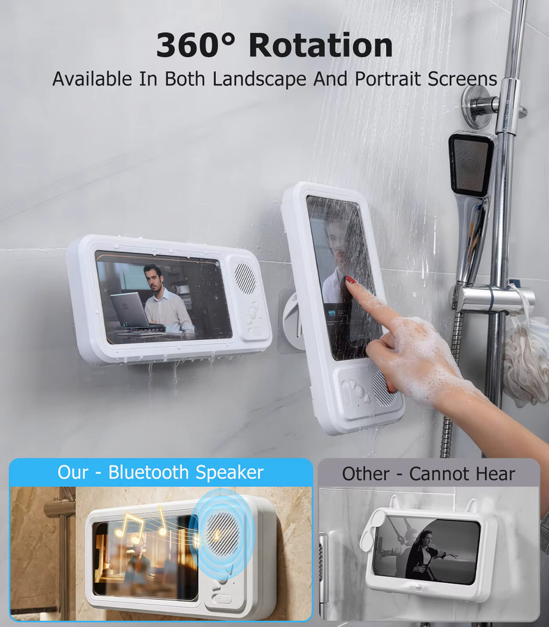 Eary Dusch-Handyhalterung mit Bluetooth-Lautsprecher, IPX5 wasserdichte Badezimmer-Box in Weiß mit 360 Grad drehbarer Wandhalterung und Antibeschlag-Schale - Bild 2