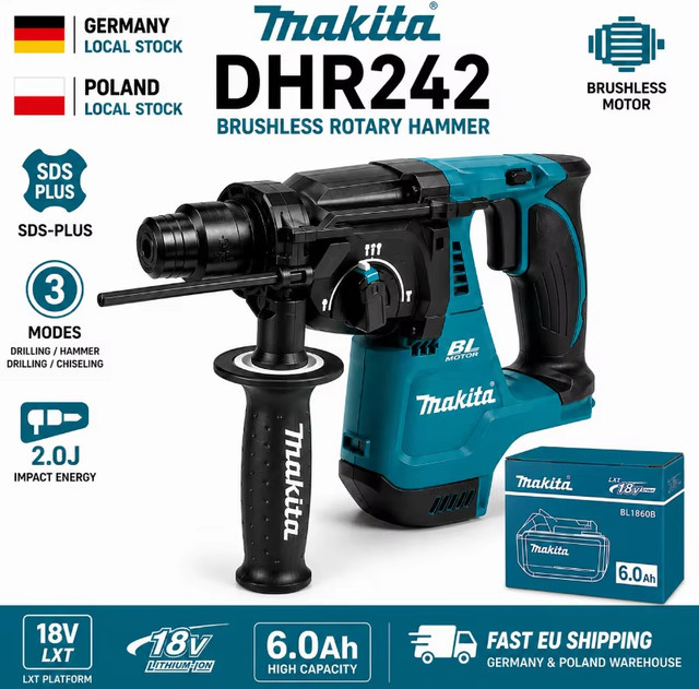 Makita DHR242 18V LXT Bürstenloser Bohrhammer-Kombi-Kit mit 6,0Ah BL1860B Akku, 24mm SDS-Plus, 2,0J Schlagenergie und 4700 BPM - Bild 1