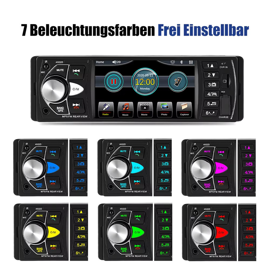 MOPECT Single 1 DIN Autoradio mit 4,1 Zoll Touchscreen, Bluetooth, Freisprechfunktion, USB, AUX, TF und Kamera in Schwarz mit 7 Farben - Bild 4