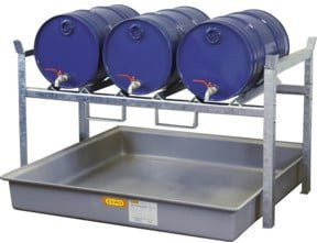CEMO Fassregal Typ 800 Variante 5 in Grau mit Fassauflage für 3 x 60 l Fässer und GFK-Auffangwanne 220 l, B: 128 cm, T: 141 cm, H: 84 cm - Bild 1