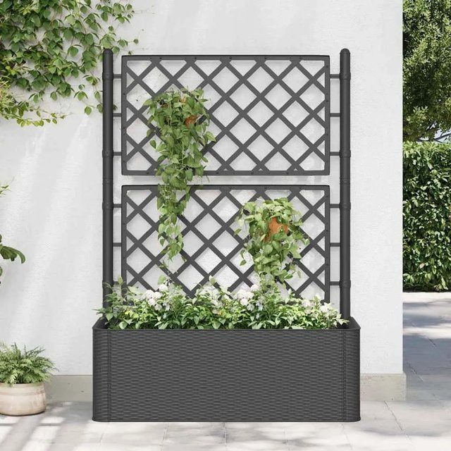 Furnicato Garten-Hochbeet mit Spalier und Selbstbewässerungssystem in Anthrazit mit Rattan-Design, B: 142 cm, H: 43 cm, T: 43 cm - Bild 1