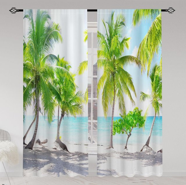 Dekorative transparente Vorhänge mit nordischem Landschaftsprint aus Polyester, 2er-Set inklusive Haken, B: 50 cm, H: 130 cm - Bild 1