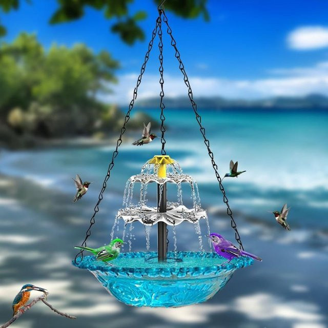 LIUXING Solar-Vogeltränke mit Brunnen und Futtertablett, hängendes zweistufiges Wasserspiel für den Garten in Blau - Bild 1