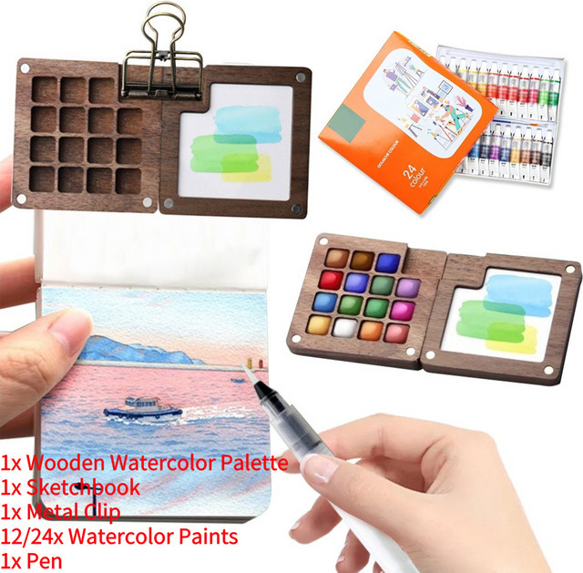 Tragbares Mini Aquarell Malset mit 15 Farben in Walnuss-Holzkasten für Künstler und Studenten - Bild 1