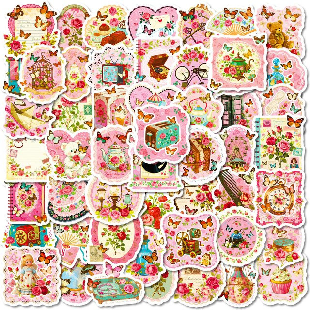 56 Stück Retro-romantische Aufkleber in Rosa mit niedlichen Cartoon-Bären und Blumen für Laptop, Gepäck und DIY-Projekte - Bild 1