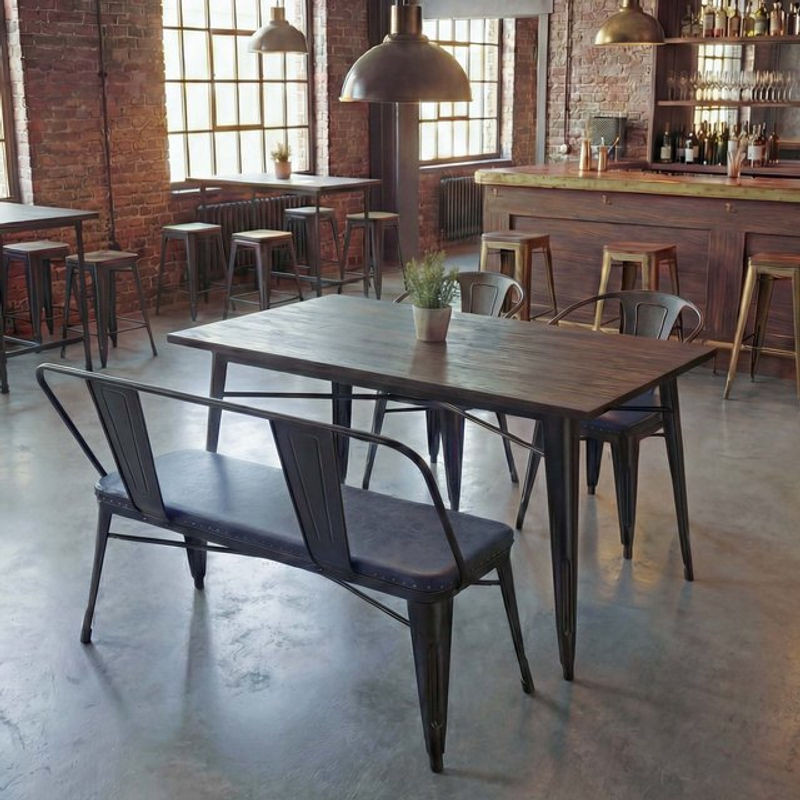 Esszimmer-Set MCW-H10 aus Ulmenholz und Kunstleder in Grau im Industrial-Design mit Tisch, 2 Stühlen und einer Sitzbank - Bild 1