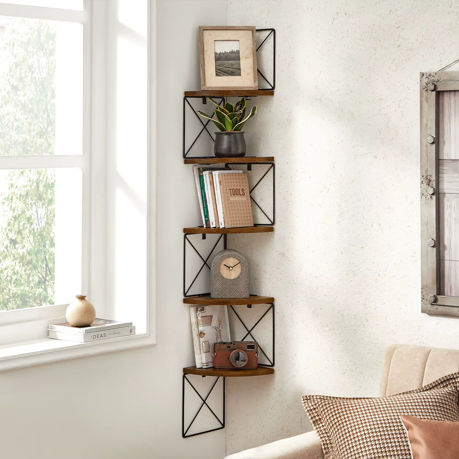 VASAGLE Eckregal mit Zickzack-Design, Wandregal mit 5 Ebenen, Braun-Schwarz, B/T/H: 20 x 20 x 127,5 cm - Bild 2