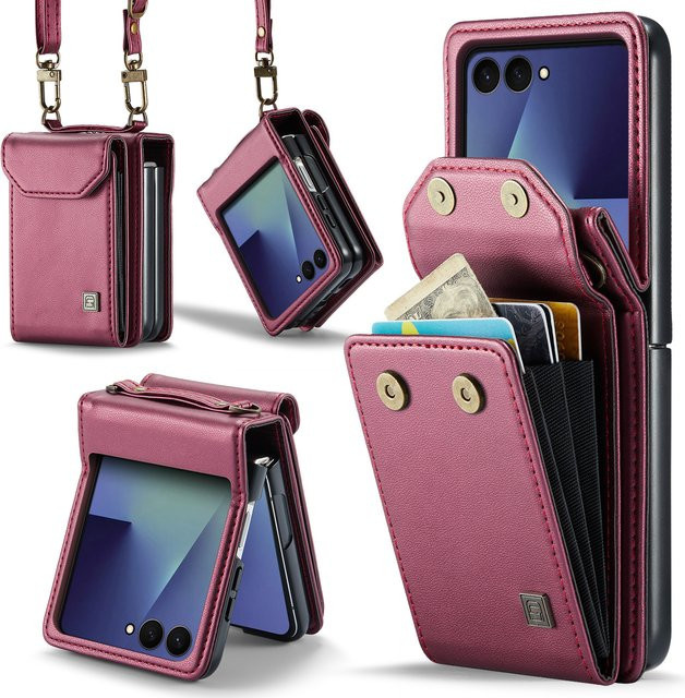Premium Leder Crossbody Schutzhülle mit Kartenfächern und Lanyard für Samsung Galaxy Z Flip7, Flip6, Flip5 und Flip7FE in Pink - Bild 1