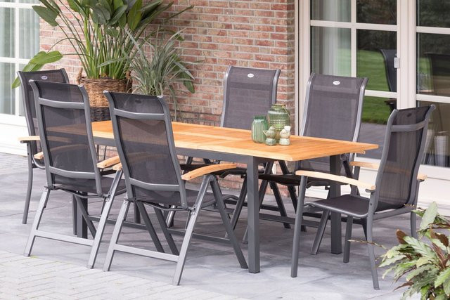 Hartman Alice Garten-Essgruppe aus Alu und Teakholz in Xerix/Natur mit Ausziehtisch, 4 Klappstühlen und 2 Stapelsesseln - Bild 1