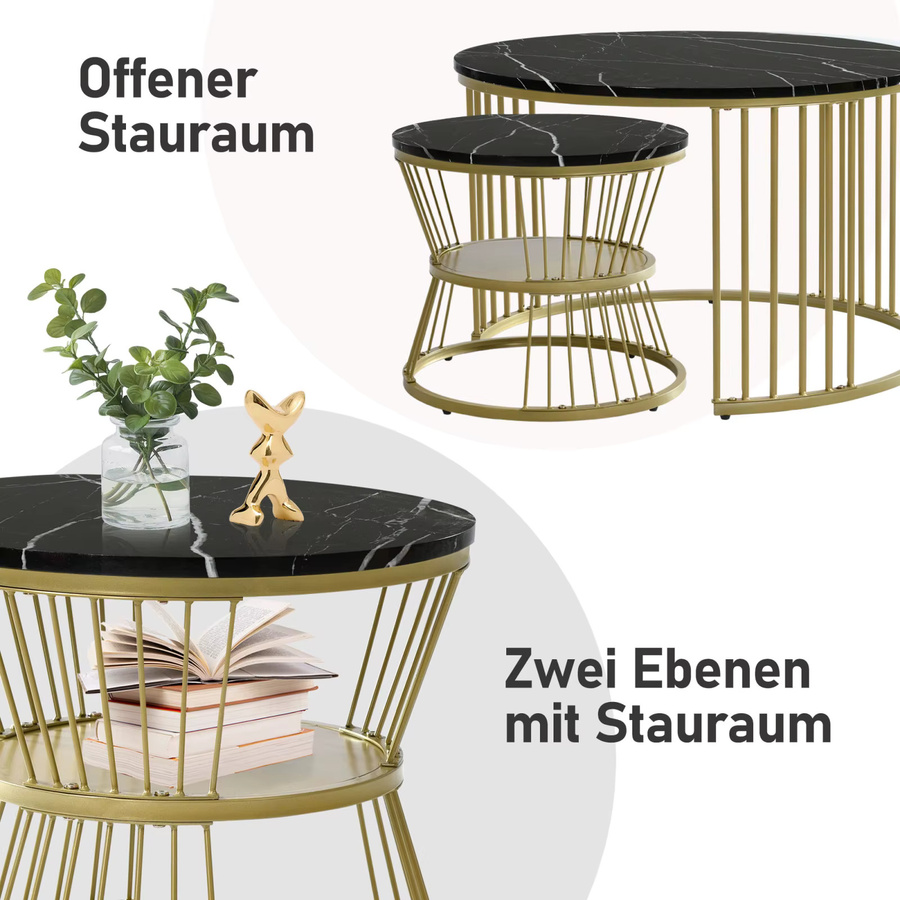 Creahappy Couchtisch-Set Schwarz Modern mit runden Marmor-Tischplatten und glänzendem Finish - Bild 4
