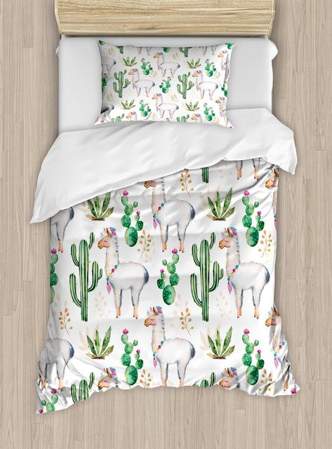 Flylo Bettwäsche-Set mit Kakteen-Motiv, 4-teilig, Grün/Weiß, Microfaser, B/H: 135 x 200 cm - Bild 1