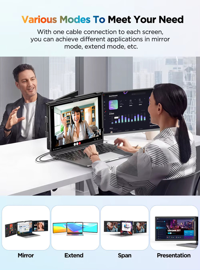 UPERFECT 14 Zoll 2K QHD Dreifach-Tragmonitor mit IPS-Display und drehbarem Ständer, Doppeldisplay-Bildschirmerweiterung für MacOS, Windows und Chrome OS, Farbe: Schwarz - Bild 4