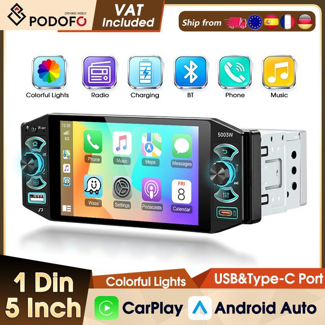 Podofo Kabelloses CarPlay Autoradio mit 5-Zoll-IPS-Bildschirm, Bluetooth, USB und Android Auto in Schwarz - Bild 1