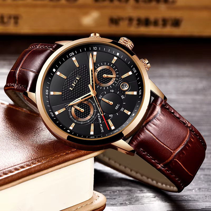 LIGE Chronograph Armbanduhr, Quarz, Leder, Schwarz, Herren - Bild 4