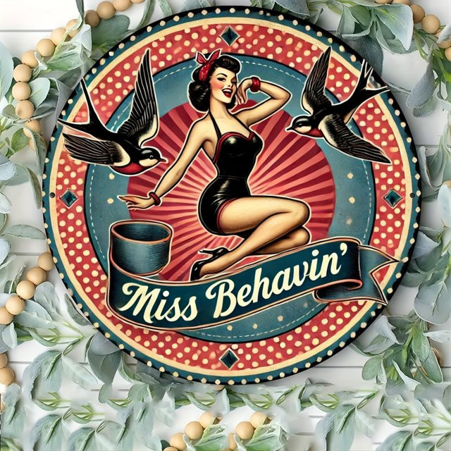 CIFBUY Bettie Page Retro Pinup Girl Rockabilly Rundes Metallschild, Durchmesser: 20,3 cm, Mehrfarbig - Bild 1
