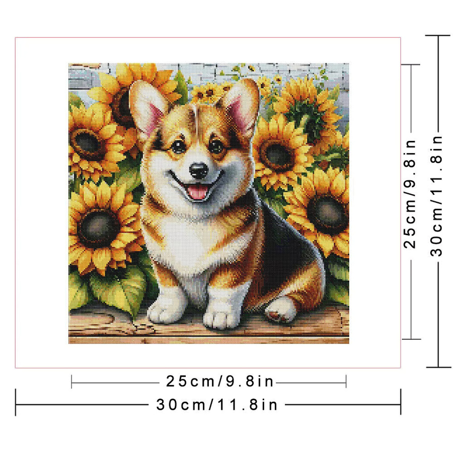 Huacan Diamantmosaik Wandbild mit Hund und Sonnenblumen, runde Dekoration für dein Wohnzimmer, Mehrfarbig, Durchmesser: 30 cm - Bild 2